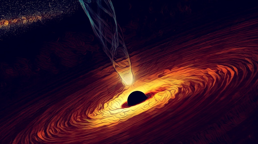 Dark digital illustration of a black hole in space.