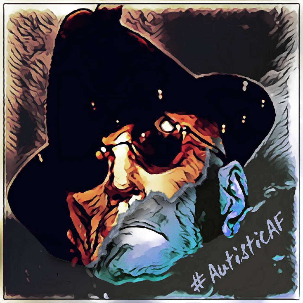 Johnny Profane Âû, original illustration. A graphic-novel influenced illustration of an elderly gentleman wearing a fedora hat & black sunglasses. It appears he is wearing a mask of himself, the lower half torn off. Mask in warm tons of gold & sepia. Underying face in coll tones of bue & verdigris.
