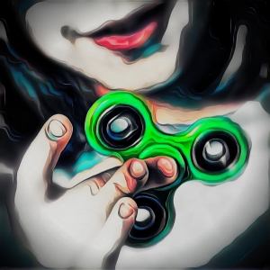 "Art of the Stim," original digital illustration. A young girl holds a bright green fidget spinning toy.