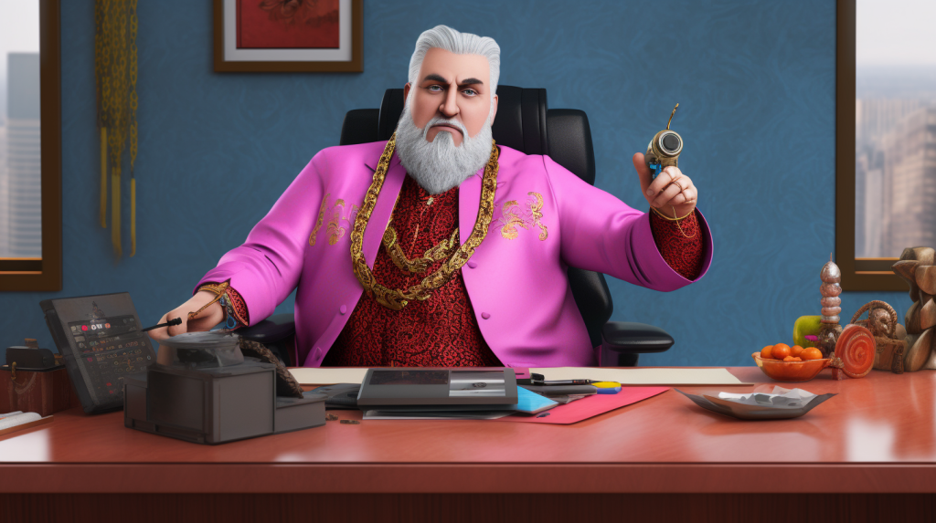 "I'm an Expert. I'm Here to Help You." White-haired, white-bearded professional care giver of some kind sits behind a desk wearing a pink casual jacket, gold chains, holding a fantasy gun. Digital collaboration by the author with MidJourney.
