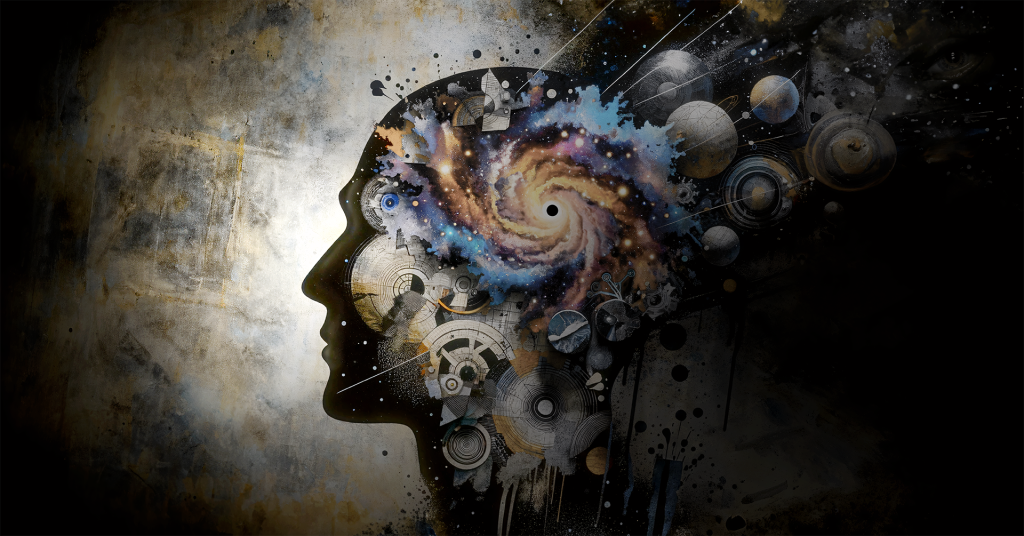 The digital artwork "Autistic Galaxy" presents a human profile merging with an image of outer space. The silhouette transitions into a detailed galaxy, highlighting a black hole at its center, surrounded by stars, planets, and clockwork elements. This scene is set against a muted background, with the galaxy's blues and golds standing out. The title suggests a connection to the autism spectrum, possibly reflecting the intricate and expansive thought processes characteristic of autistic individuals. The blend of celestial and mechanical motifs within the silhouette may indicate the coexistence of creativity and structured thinking. The image conveys the concept of an active and diverse inner world, hinting at the nuanced and multi-layered nature of the autistic mind.