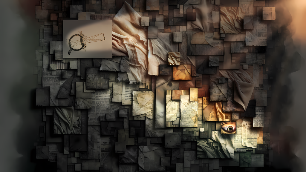 "All the Colors of Regret," original digital illustration by the author. The image displays a complex, dadaist-inspired collage on a dark background. Various shades and textures are evident, with geometric pieces resembling newsprint, fabric, and crumpled papers. In the upper left quadrant, there's a 19th-century style drawing of an anatomical eye on a lighter square backdrop. The lower right quadrant features a surreal, realistic eye gazing downward. The collage elements have a three-dimensional quality, and the color palette transitions from dark, desaturated tones to warmer, amber hues, which give the impression of a light source casting a glow on parts of the collage.