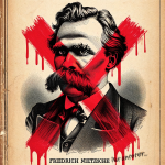 "Friedrich Nietzsche Ist Untoter..." A fantasy 19th-century book illustration of Friedrich Nietzsche, vandalized by a bright red grafitti x. Next to his name, Friedrich Neitzche, black spray-painted grafitti reads "ist untoter..."