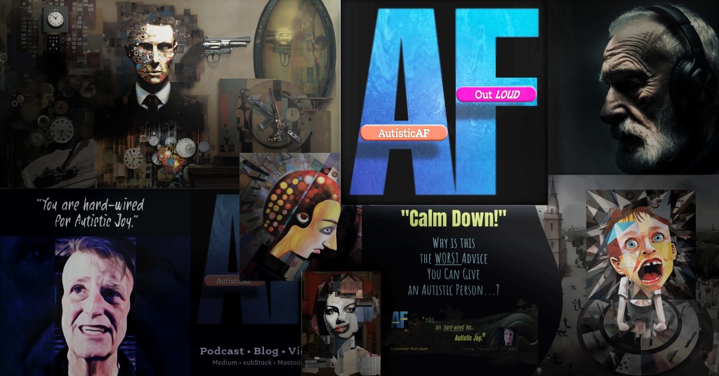 A collage showcasing AutisticAF Out Loud's podcast, videos & art, centered around its logo. At left, a digital painting of a man composed of mechanical gears & clocks symbolizes the intricate nature of the autistic mind. In the center top, the logo with large blue letters 'AF' and the text "AutisticAF Out Loud" proclaims advocacy and pride in autistic identity. To the right, there is a photorealistic image of an older man with headphones, representing the sensory experiences of autistic individuals. Below the logo, an artistic portrait shows a face with abstract, colorful patterns, reflecting the experience of an adult autistic meltdown. Next to this, a cubist image of a child with geometrically fragmented facial features pairs with the phrase 'Calm Down!', challenging misconceptions of autism. The bottom features a quote from Johnny Profane Au's avatar: "You are hard-wired for Autistic Joy." The collage communicates themes of authentiec autistic life experience, neurodiversity, and self-expression.