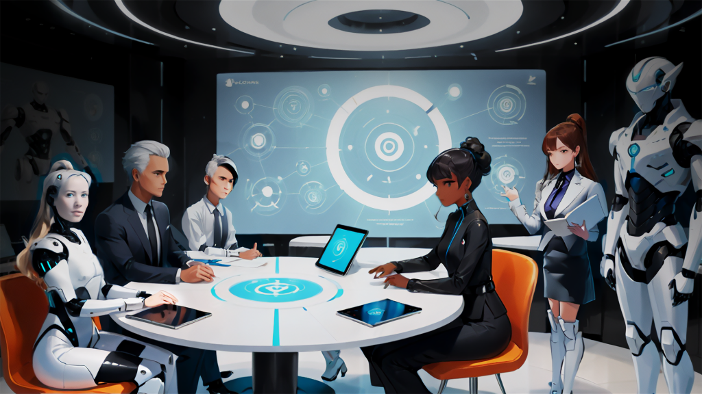 "Synthonic Love," original digital illustration. Digital tools include AI. A contemporary meeting room fuses sleek, futuristic design with minimalist decor. A diverse group, accompanied by two humanoid robots, are gathered around an oval white table with a luminous surface. One robot, styled in black &white, stands out mirroring human engagement. The people, a mix of genders and ethnicities, are professionally dressed, some in suits, others with smart-casual attire, reflecting varied age groups & abilities. They focus on a central tablet displaying a vivid, aqua interface with abstract, concentric circles, tech symbols. The walls conntain schematics relevant to artificial intelligence and credentialing systems, casting a soft, ambient glow. The room maintains an air of simplicity, free of clutter, allowing the participants' animated discussion to be the heart of the scene. Warm and cool lighting add depth, while the characters' postures suggest a lively, collaborative dialogue. The overall mood conveys inclusivity and a humorous, pioneering spirit.